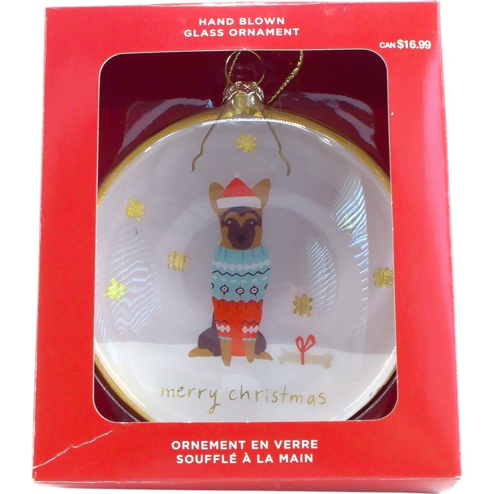 German Shepherd‎ Christmas Ornament Hand Blown Glass Dog in Sweater & Santa Hat